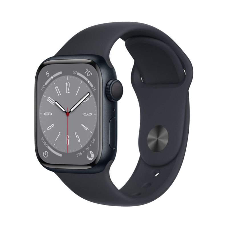 Apple Watch Series 8, 41 мм корпус из алюминия цвета «Тёмная ночь», спортивный ремешок цвета «Тёмная ночь»