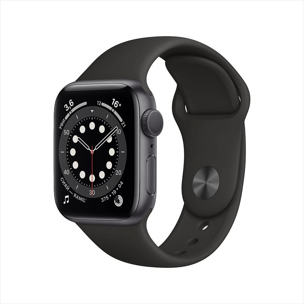 Apple Watch Series 6, 44мм, корпус из алюминия цвета «серый космос», спортивный ремешок чёрного цвета