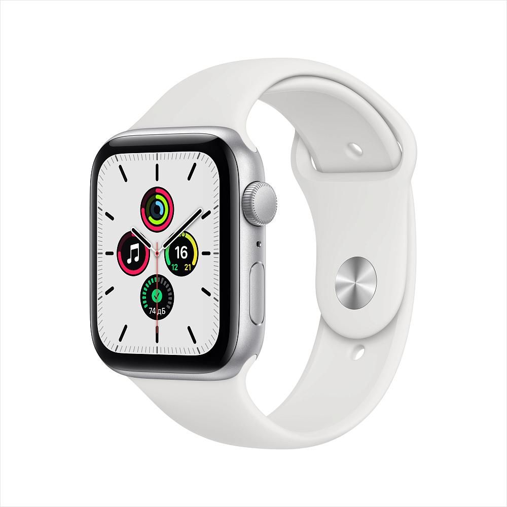 Apple Watch SE, 44 мм, корпус из алюминия серебристого цвета, спортивный ремешок белого цвета