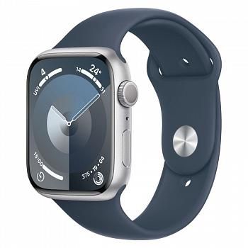 Apple Watch Series 9, 45 мм, корпус из алюминия Серебристого цвета, спортивный ремешок цвета Грозовой синий