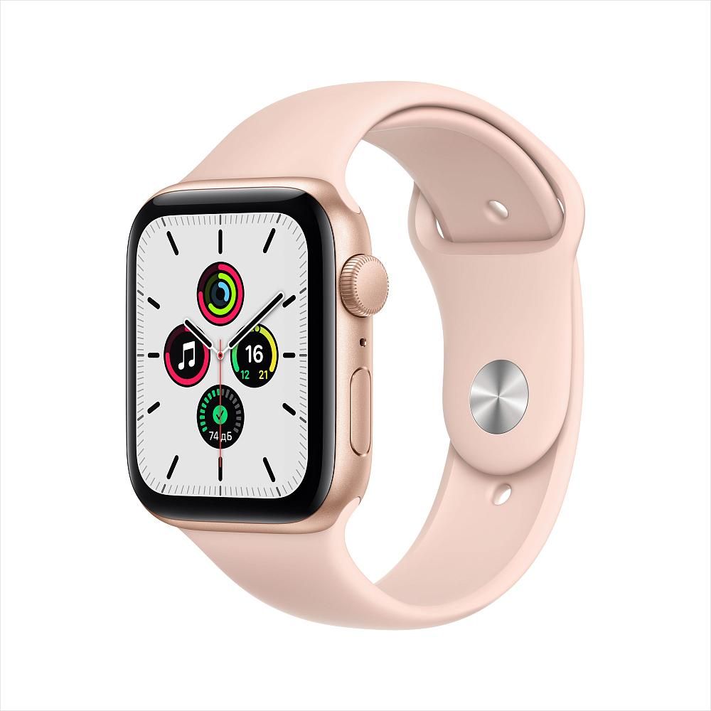 Apple Watch SE, 44 мм, корпус из алюминия золотого цвета, спортивный ремешок цвета «розовый песок»